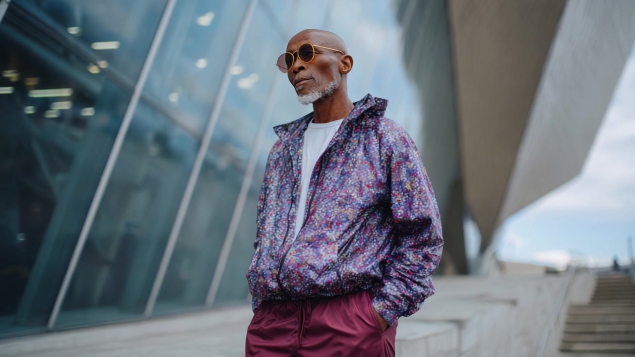 Stylish man in patterned jacket and sunglasses poses confidently in an urban setting, showcasing modern fashion and vibrant colors against a contemporary backdrop.