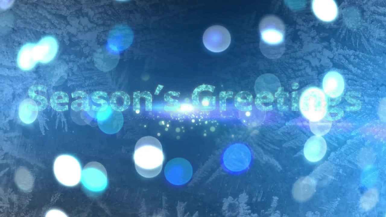 Season Greetings text animation over blue bokeh lights and snowflakes background
