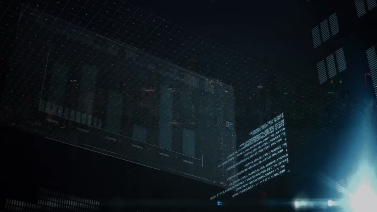 Animation of data processing on screen over city