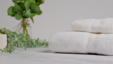 Still-Life-Of-Lit-Candles-With-Green-Leaved-Plant-And-Soft-Towels-As-Part-Of-Relaxing-Spa-Day-Decor