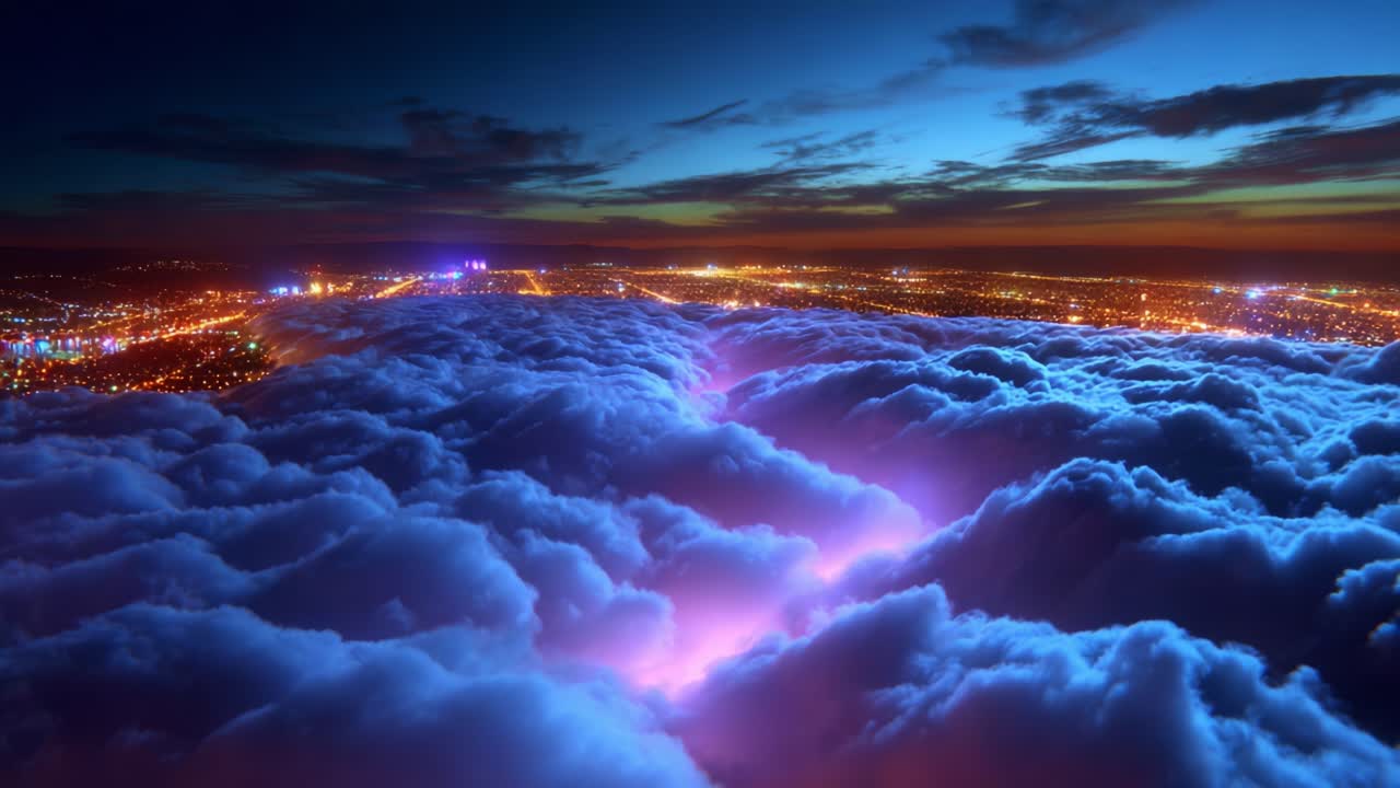 A Spectacular Aerial View of Colorful Clouds Illuminated by City Lights at Dusk, Showcasing a Mesmerizing Transition from Night to Day with an Awe-Inspiring Display of Nature's Beauty