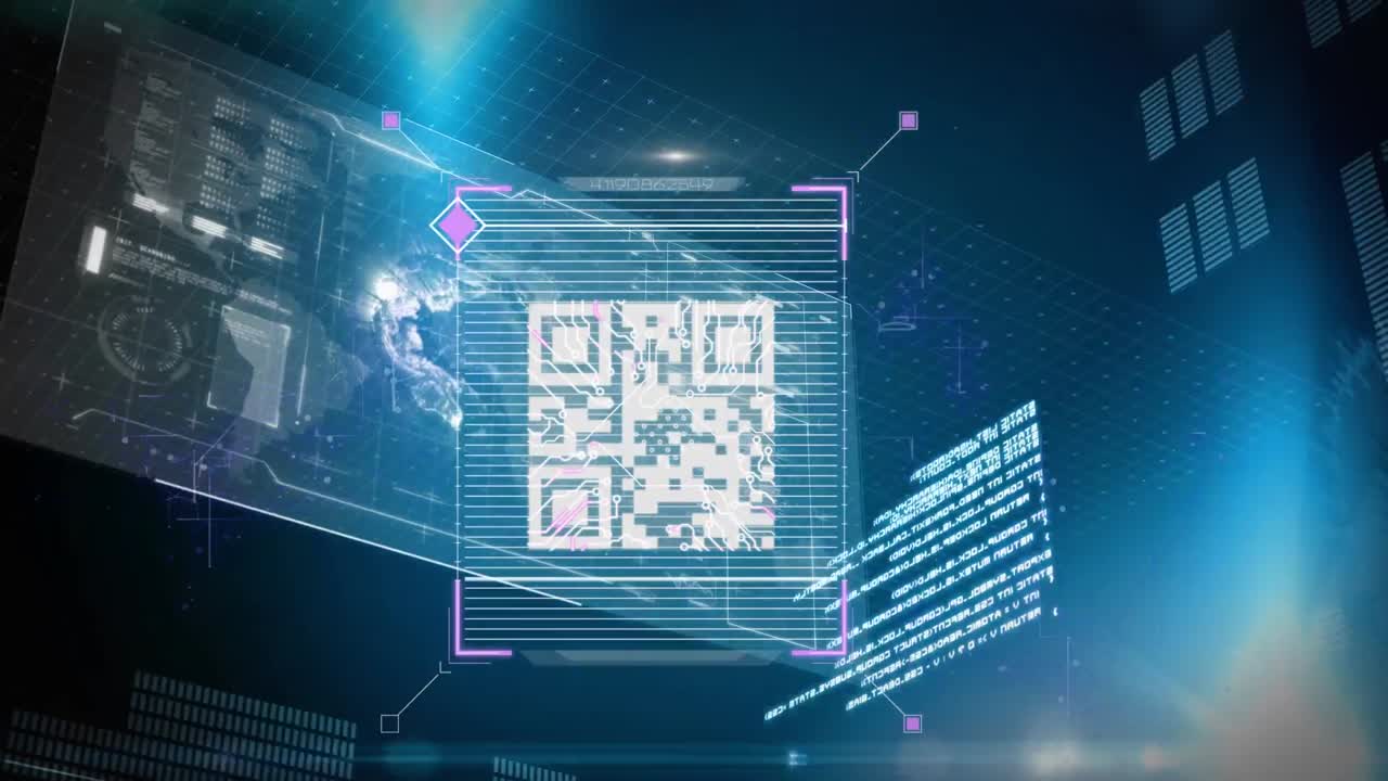 animación del escáner de código qr y múltiples pantallas con procesamiento de datos contra fondo azul