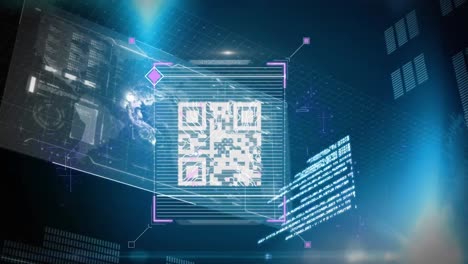 Animation-Des-QR-Code-Scanners-Und-Mehrerer-Bildschirme-Mit-Datenverarbeitung-Vor-Blauem-Hintergrund