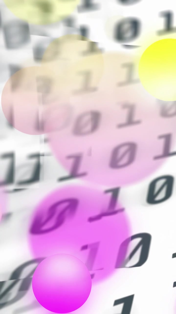 Video verticale: Codice binario che appare, cifre che scorrono e cerchi pastello che fluttuano per mostrare il flusso di dati.