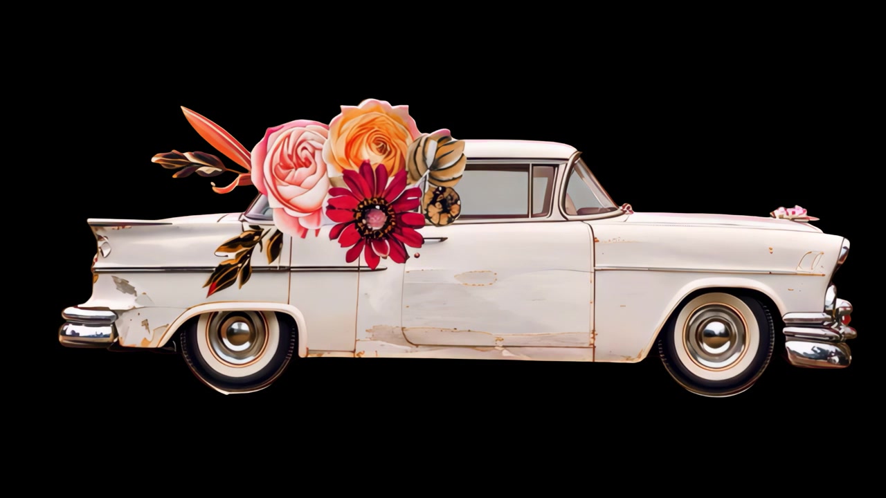 Coche clásico blanco vintage decorado con un ramo de flores colorido