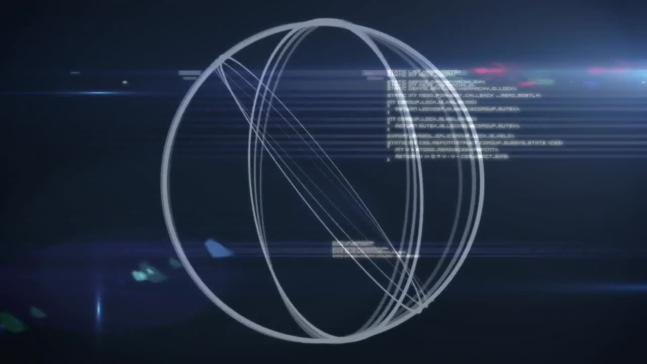 Animation of white rings rotating, with moving lights and data processing, on black background
