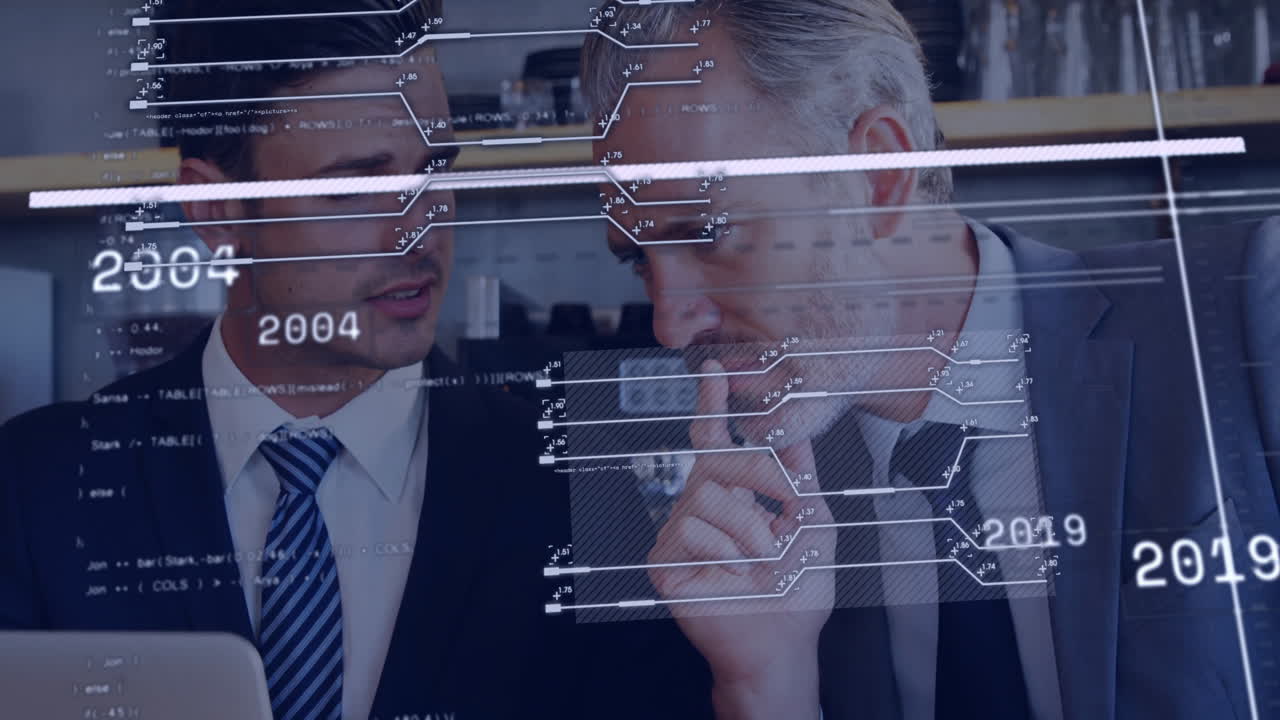 Discussing data processing animation, businessmen using digital interface in office