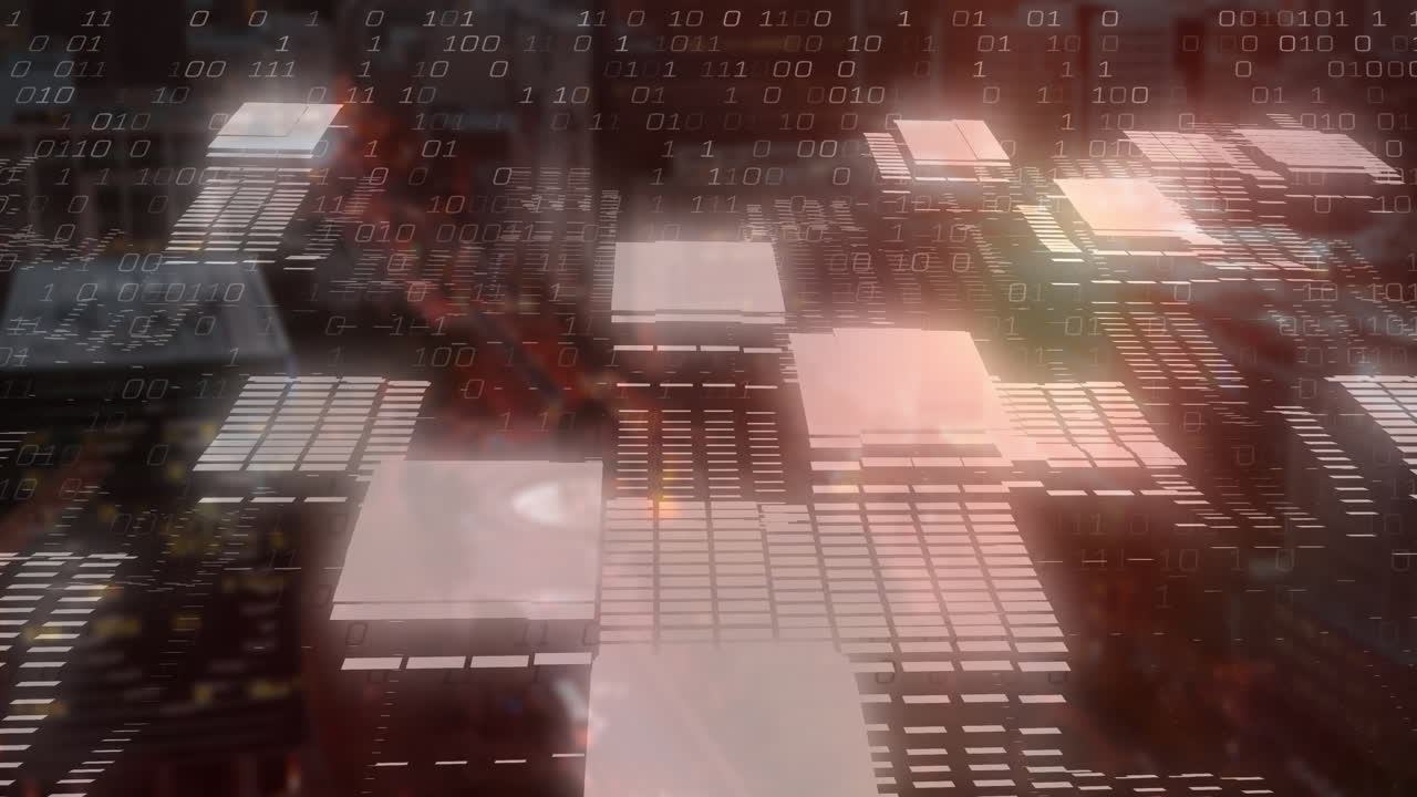 Translucent square data panels floating in glowing cyberspace with binary streams and grid overlays