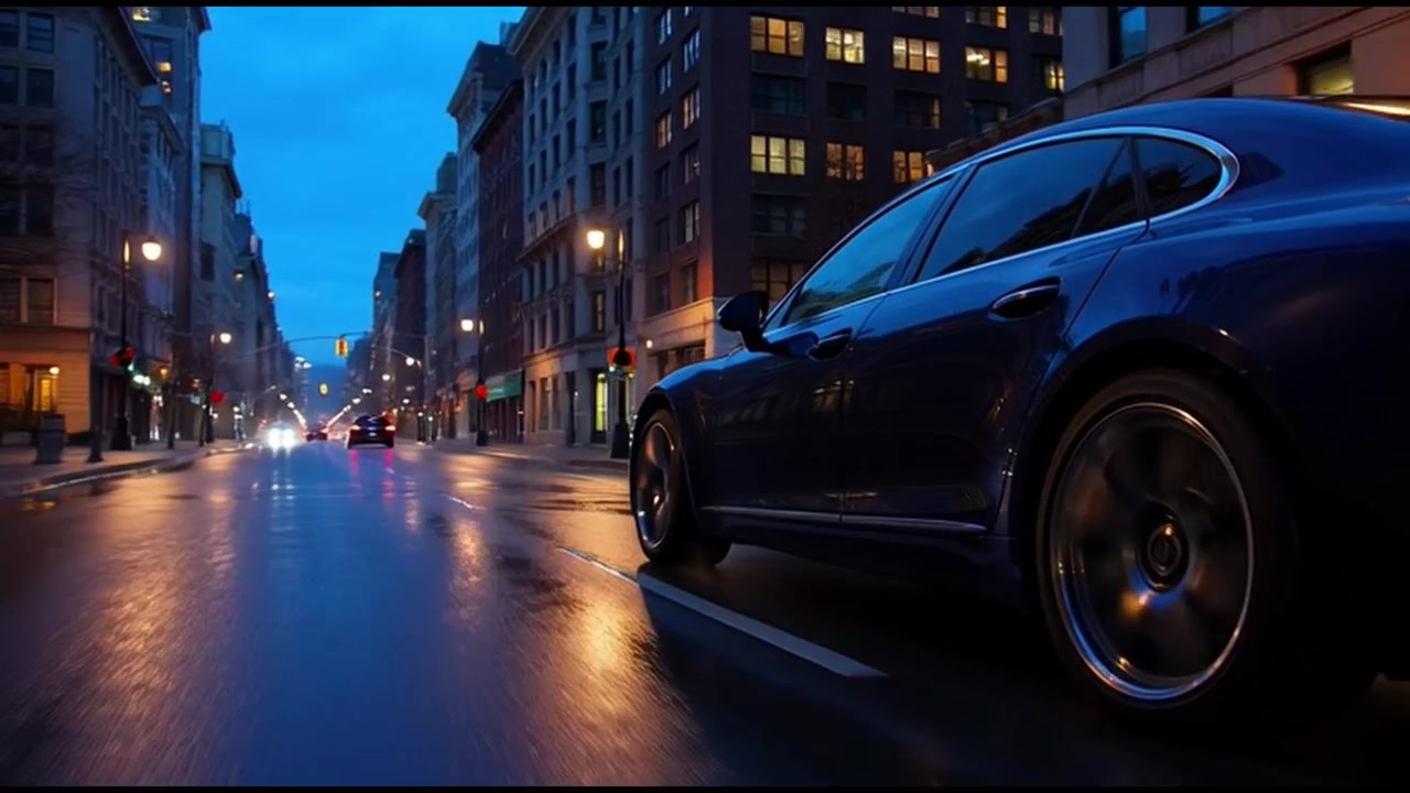 Berlina di lusso che percorre le strade cittadine al crepuscolo.