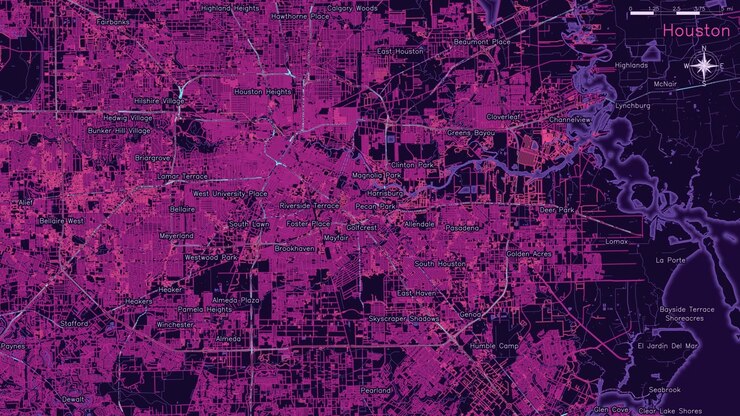 Houston map glowing in pink neon lights, dark background, futuristic urban theme with flowing lights representing traffic, loopable animation