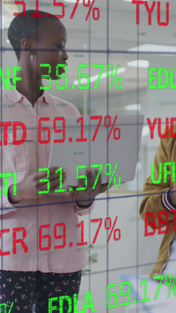 Animation of stock market data processing over team of diverse colleagues discussing at office