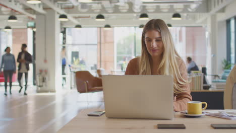 Businesswoman-Working-On-Laptop-At-Desk-In-Modern-Office-With-Colleagues-In-Background