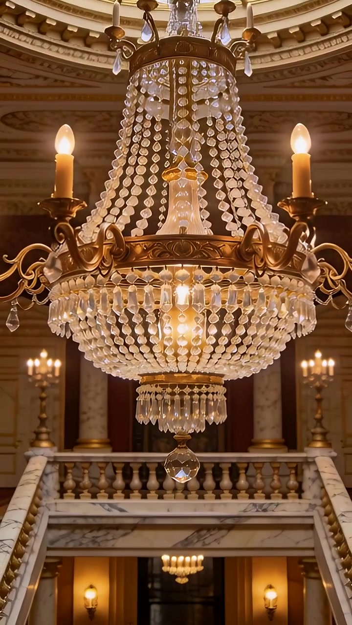 Video verticale: Iniziando con un primo piano ravvicinato, la telecamera si allontana rivelando un lampadario di cristallo nell'atrio