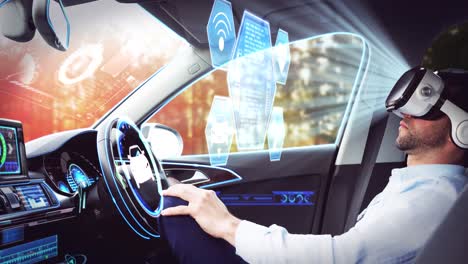 Animation-of-icons-over-businessman-wearing-vr-headset-in-self-driving-car