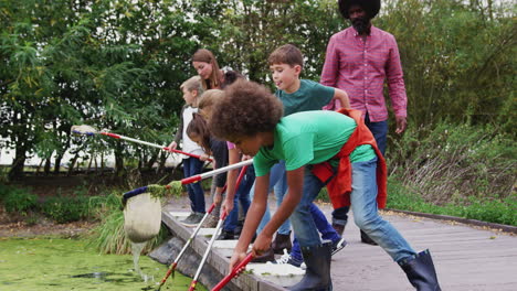 adult team leaders show group of children on outdoor activity camp how to catch and study pond life