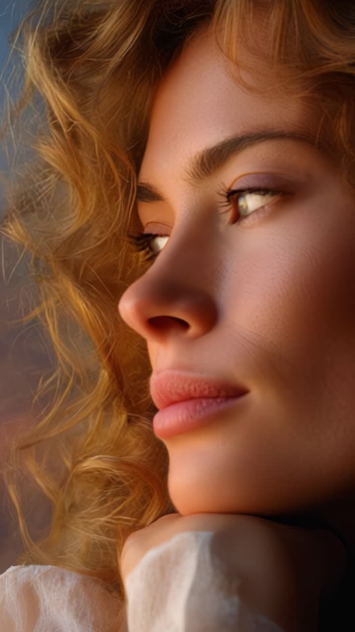 Ritratti affascinanti: Un profilo di una giovane donna con occhi radiosi e riccioli folti, illuminata da una luce soffusa su uno sfondo bellissimo.
