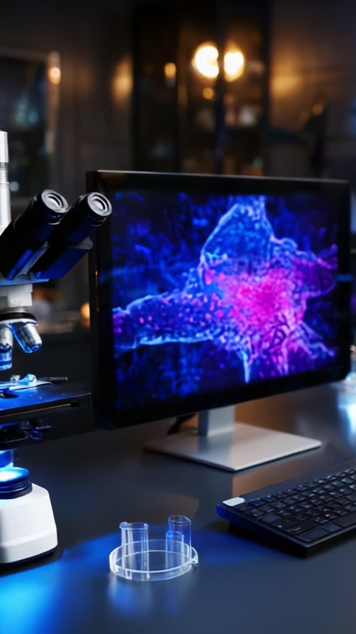 Microscope and Monitor Displaying Colorful Cellular Structure in a Modern Laboratory Setting - A Glimpse into Scientific Research and Microscopy Techniques
