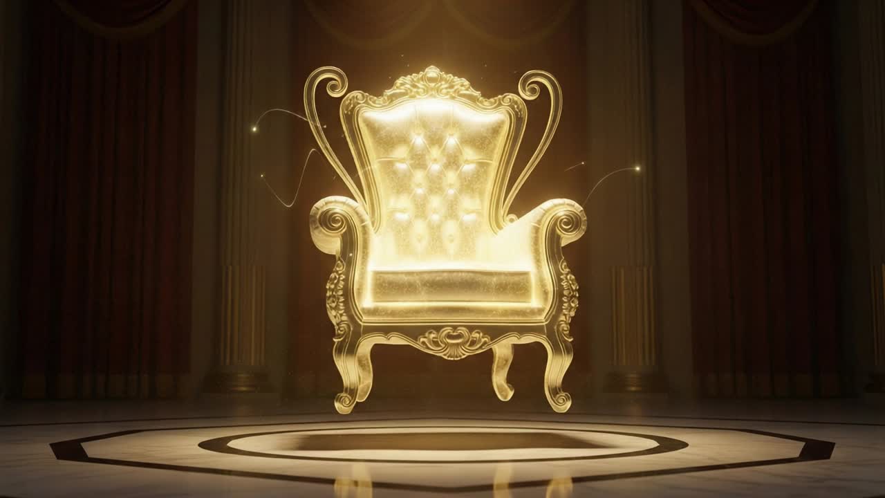 A Majestic Golden Throne Rests in an Elegantly Lit Chamber, Surrounded by Regal Drapes and Richly Detailed Architecture, Exuding Power and Grandeur in Every Detail