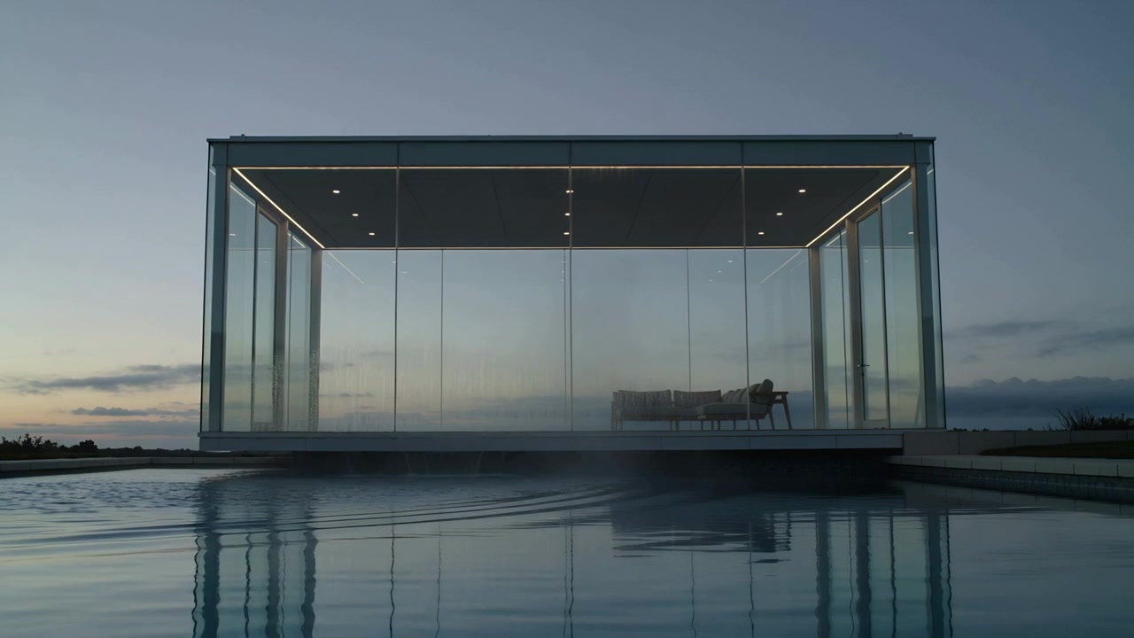 Scia increspata che attraversa una piscina a sfioro, trasformando lo specchio del cubo di vetro al crepuscolo, con una persona vestita di scuro che si rilassa