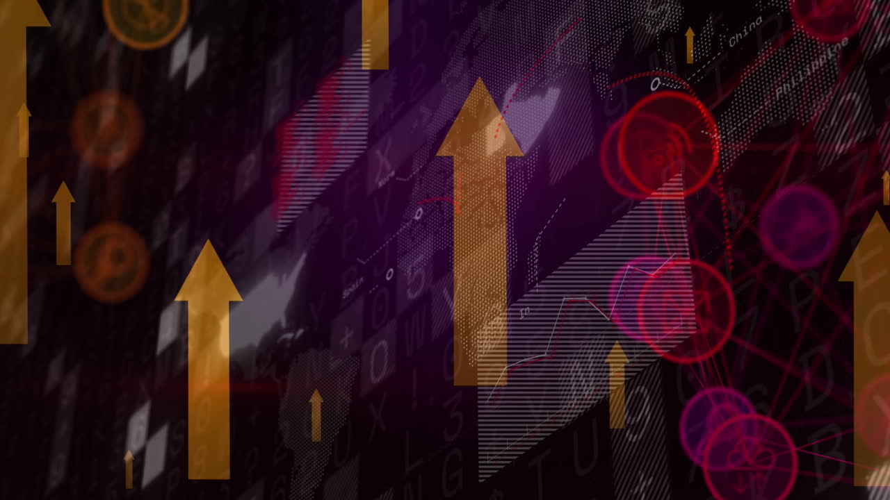 Animation of arrows and financial data processing over black background