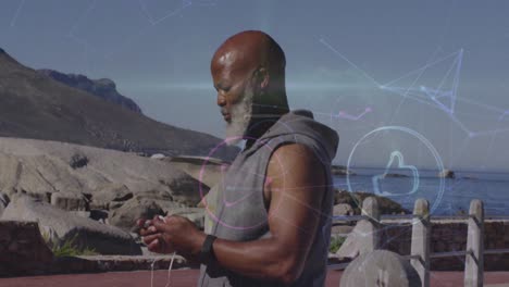 animation of network of digital icons over african american senior man with earphones on promenade