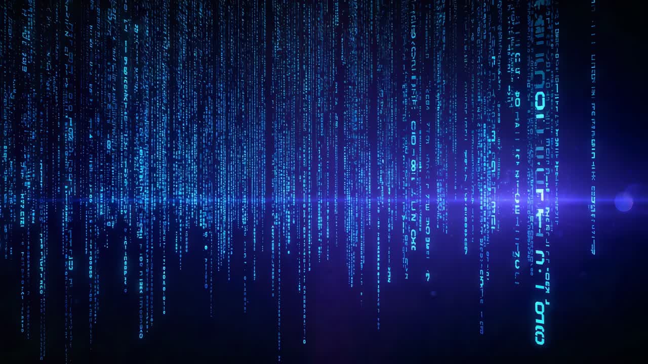 Flowing cyan glyph streams cascading across HUD on loop start, showing data flow with purple flare