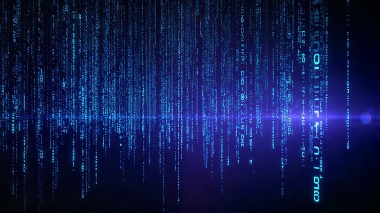 Fließende türkisfarbene Glyphenströme, die schleifenartig über ein HUD fallen und Datenflüsse mit violettem Leuchten darstellen