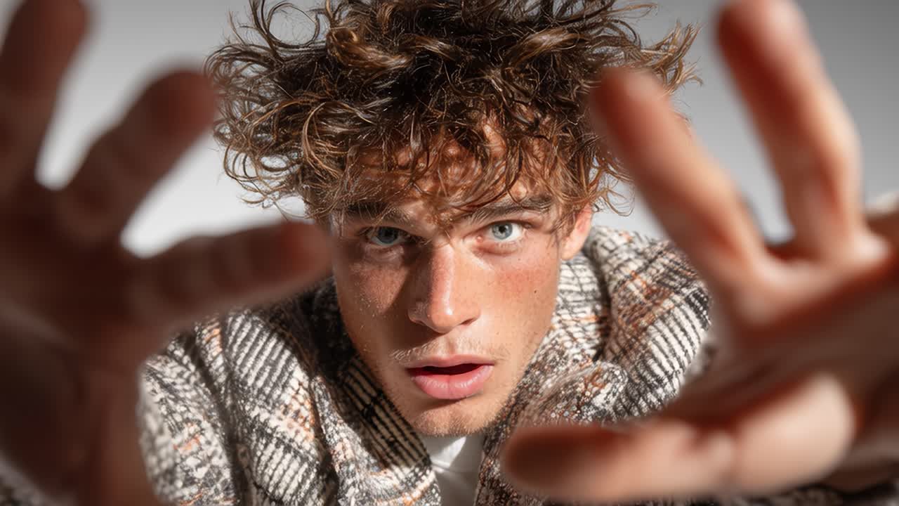 Model playing with hands in slow motion on white background