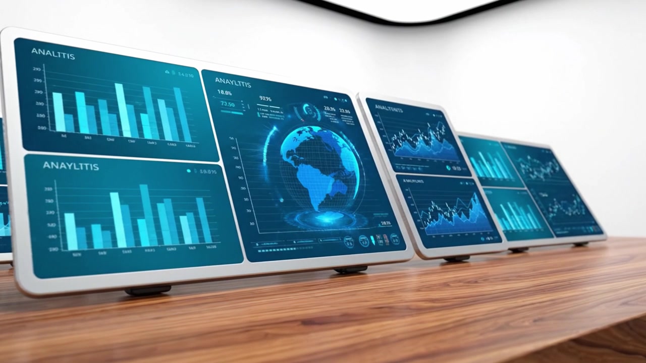 Modern Data Analytics Workspace Featuring Multiple High-Tech Displays with Graphs, Charts, and a Digital Globe Representing Insights and Trends in Business Intelligence