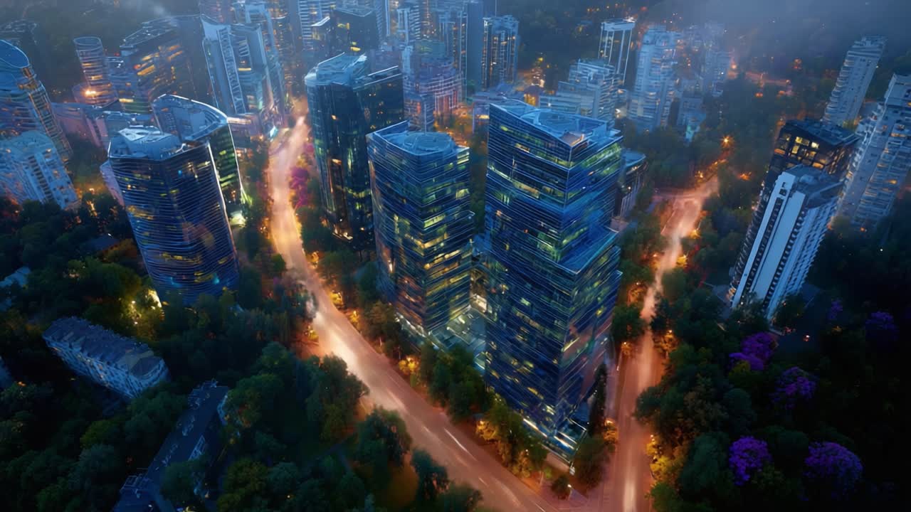 Aerial View of a Modern Urban Landscape Featuring Glass Skyscrapers Surrounded by Lush Greenery and Illuminated Streets at Dusk
