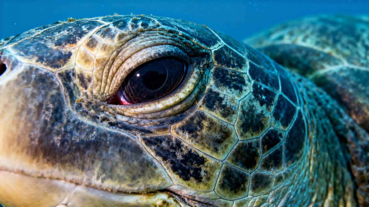 Blinking sea turtle head reacting to camera proximity in shallow seawater, showing scutes and algae