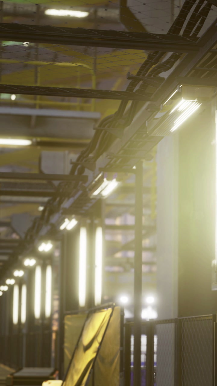 Industrial corridor illuminated by bright fluorescent lights at night