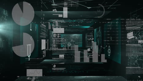 mathematical equations floating against statistical data processing against black background