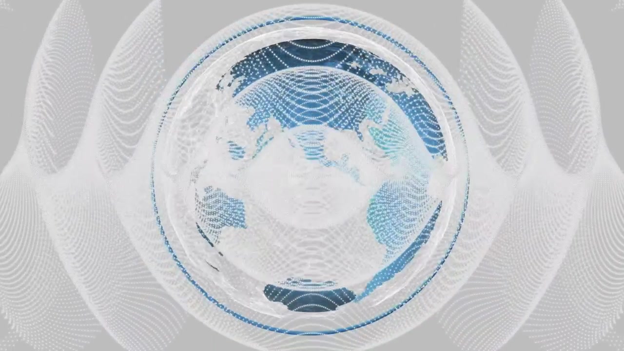 Opening with mesh points emerging, wireframe globe rotating mapping landmasses, wave grids pulsing