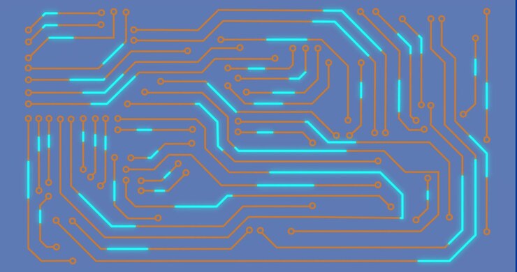 Animazione di elaborazione dati digitali con scie luminose su schermo blu
