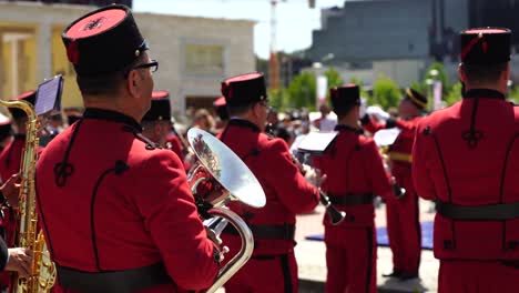 brass band of tirana performing music on military parade in main square