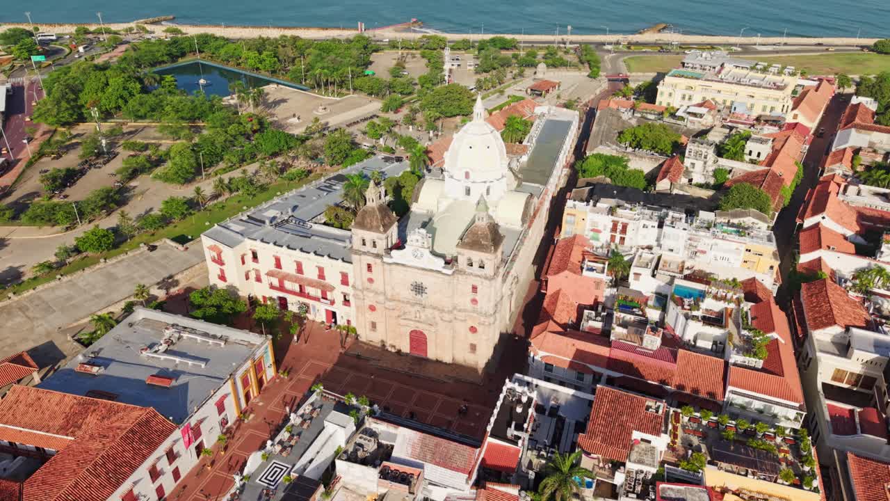 Slow motion aerial view of the cathedral of cartagena de indias in the historic walled city center, colombia