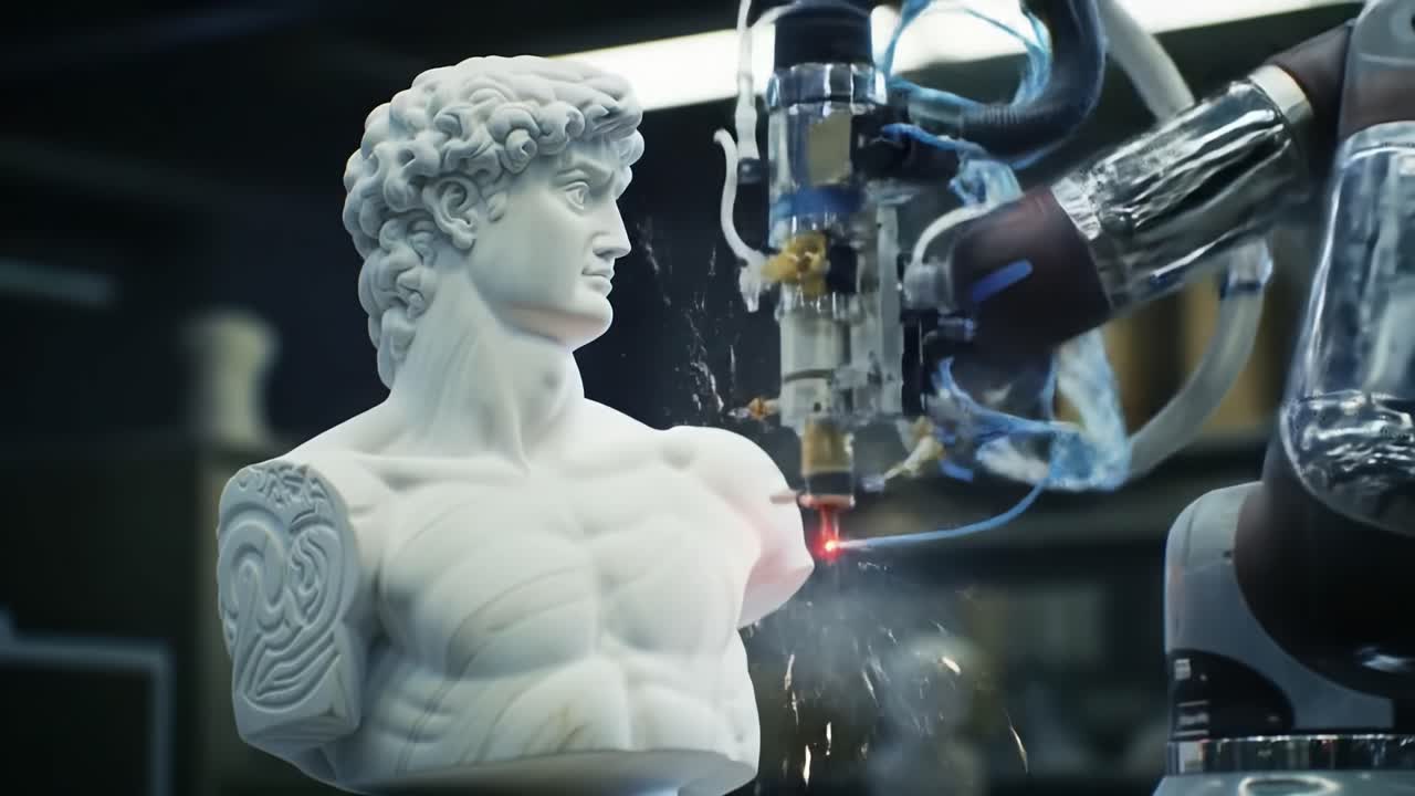 A robotic arm skillfully carves a marble bust in a contemporary workshop. The intricate design showcases advanced technology blending with traditional artistry, highlighting innovation in sculpture.