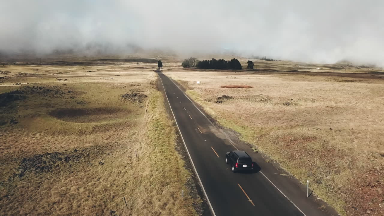 vista aérea siguiendo detrás de la conducción de automóviles a través del campo de la isla de hawaii