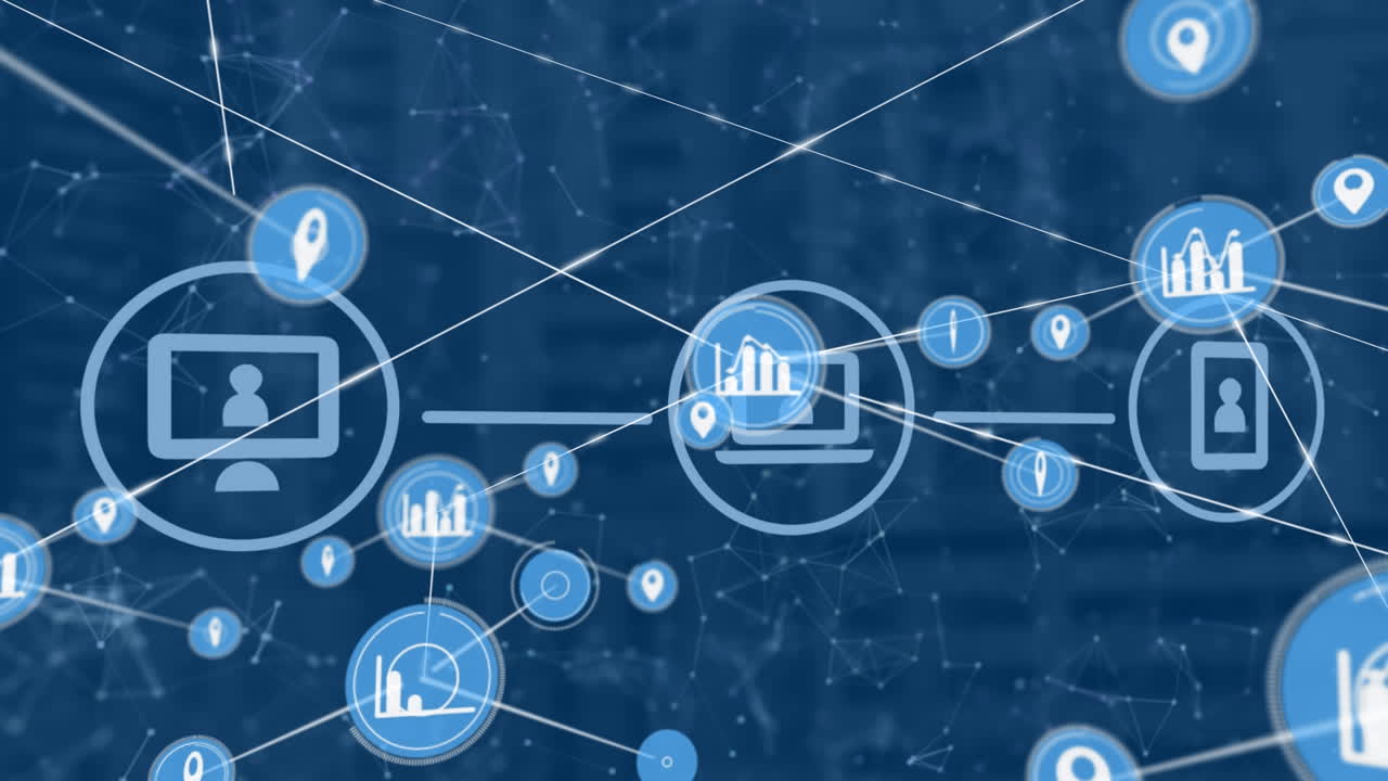 animación de la red de conexiones con iconos sobre el paisaje urbano