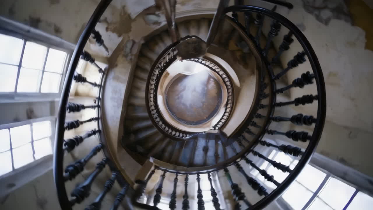 Looking up an old, winding spiral staircase