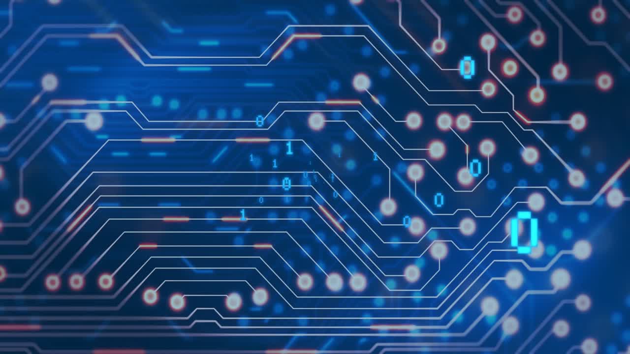 Binary digits appearing, circuit pulsing with traces glowing, particles drifting and showing data