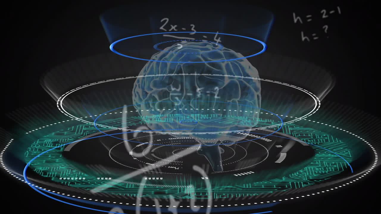 검은 바탕에 있는 원 위의 디지털 인간 뇌 위의 수학적 방정식의 애니메이션