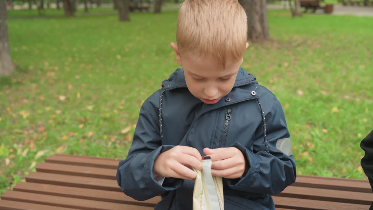 Anak makan di luar. Anak laki-laki membuka camilan di luar. Anak berjaket biru tua menikmati camilan di tengah daun-daun musim gugur yang berguguran. Remaja yang duduk di rumput menunjukkan momen fokus saat membuka makanan ringan di taman.