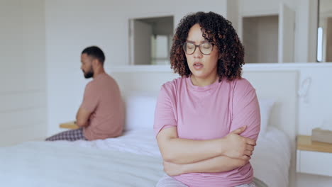 woman, angry and fight of couple in bedroom