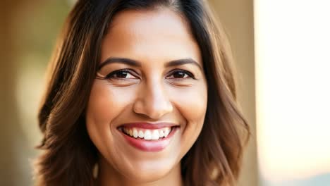 una mujer sonriendo felizmente a la cámara