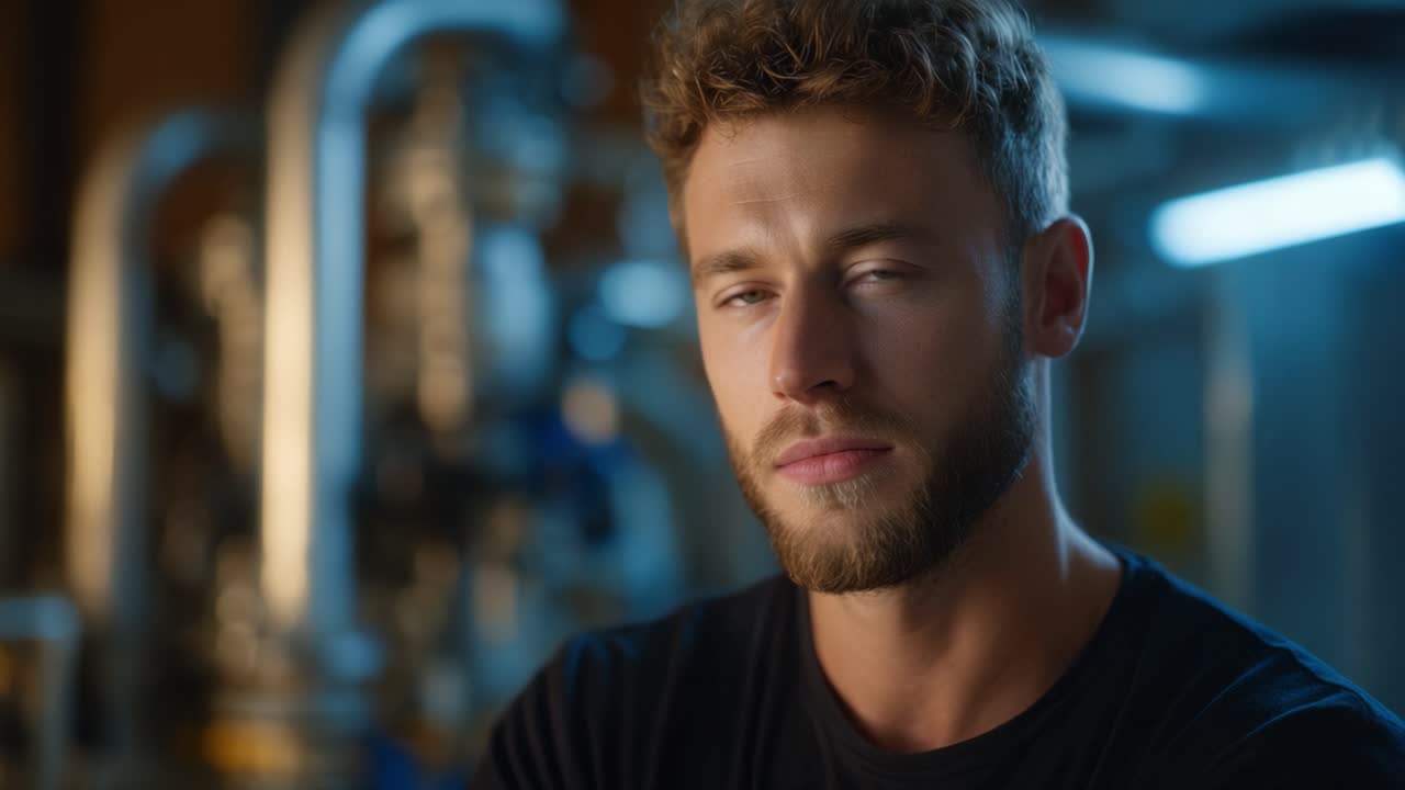 Un bel giovane con capelli alla moda e la barba posa con sicurezza su uno sfondo industriale con illuminazione soffusa, in primo piano.