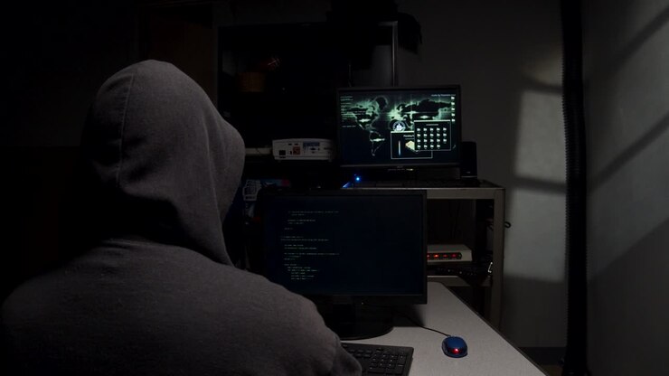 Hacker informatico che digita codice.
