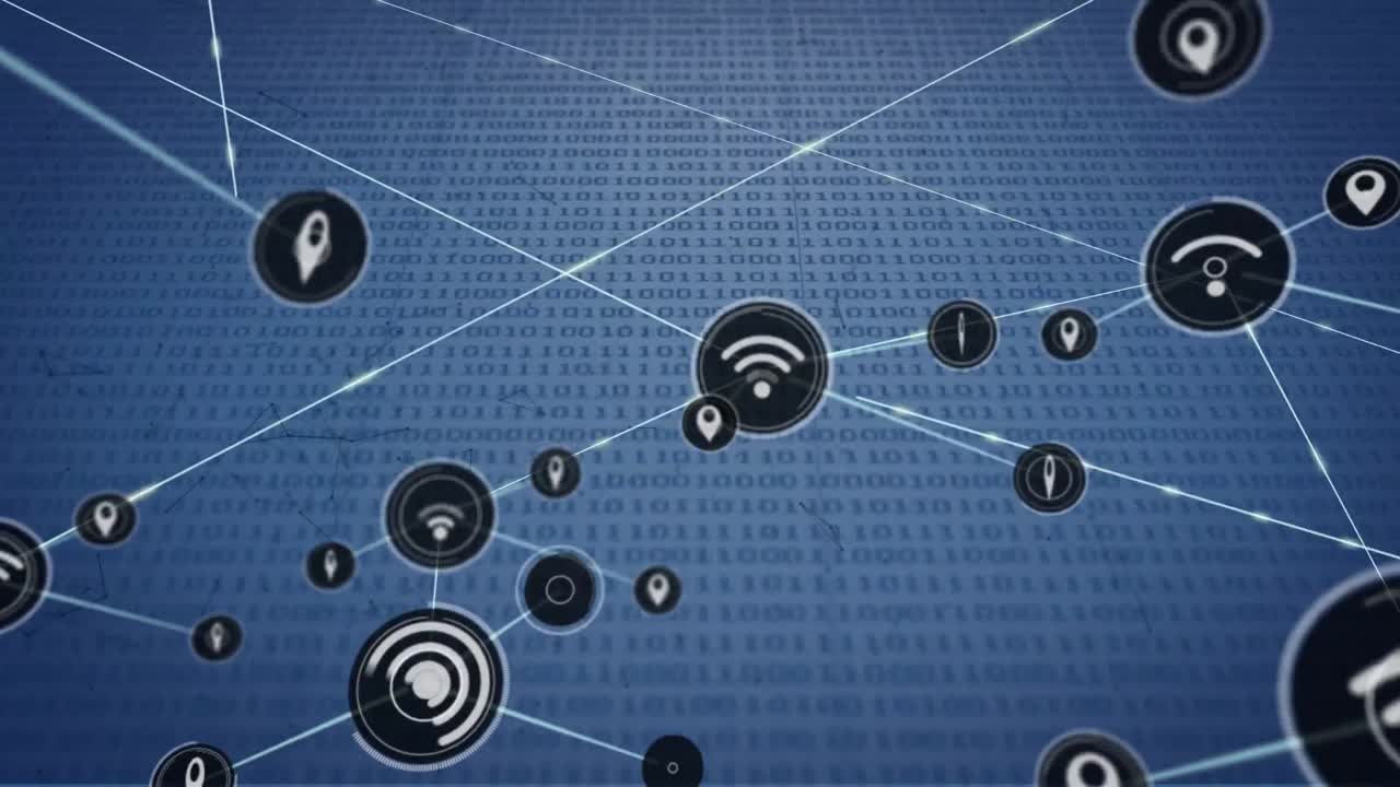 animación de la red de conexiones con iconos sobre el procesamiento de datos sobre fondo azul