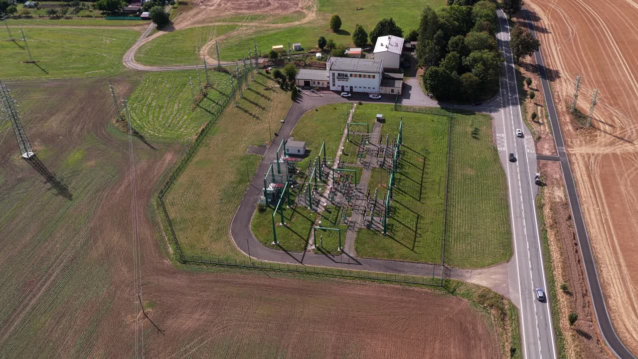 Electrical network substation bringing energy into and out of the city. High voltage iron engineering structure